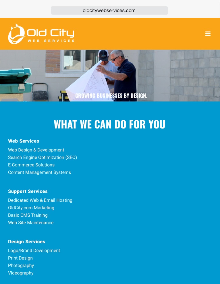 Image is a screenshot of the tablet version of OldCityWebServices.com.